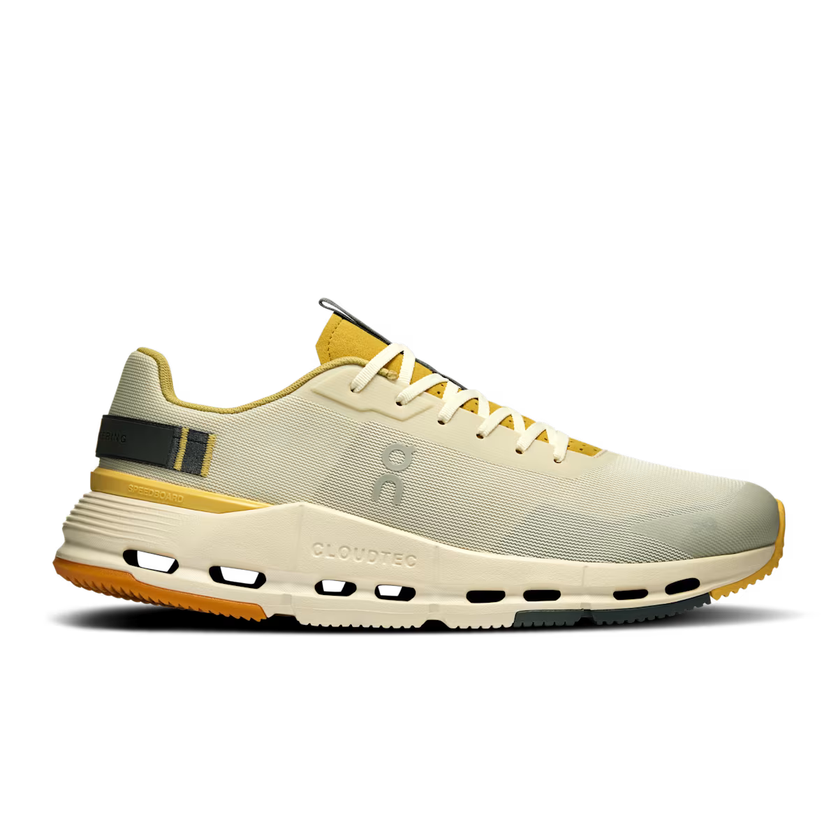 Side view on white background of Mens On Cloudnova Form 2 running shoe in Ghost/Lense, Medium (Regular) width