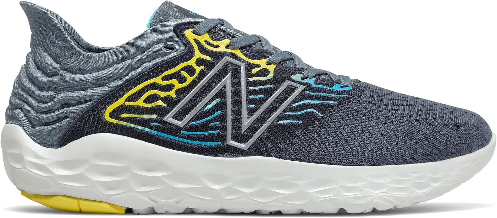 Side view on white background of Mens New Balance Fresh Foam Beacon running shoe in Thunder/Virtual Sky, Medium (Regular) width