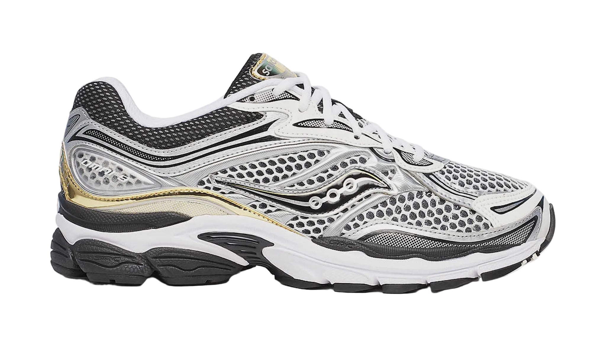 Side view on white background of Mens Saucony ProGrid Omni 9 running shoe in Silver/Gold, Medium (Regular) width