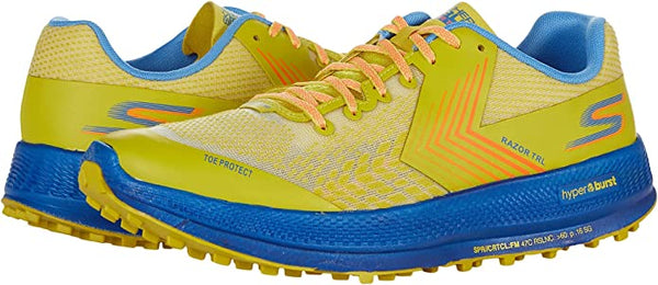 Side view on white background of Mens Skechers Go Run Razor Trail running shoe in Yellow/Blue, Medium (Regular) width