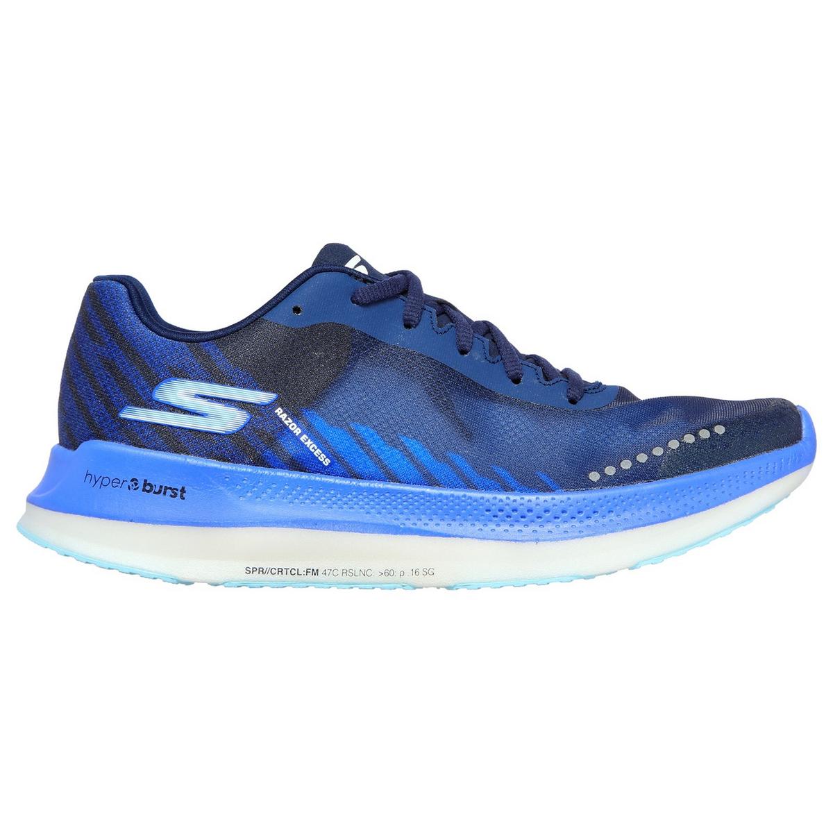 Side view on white background of Womens Skechers GO RUN Razor Excess running shoe in Black/Blue, Medium (Regular) width