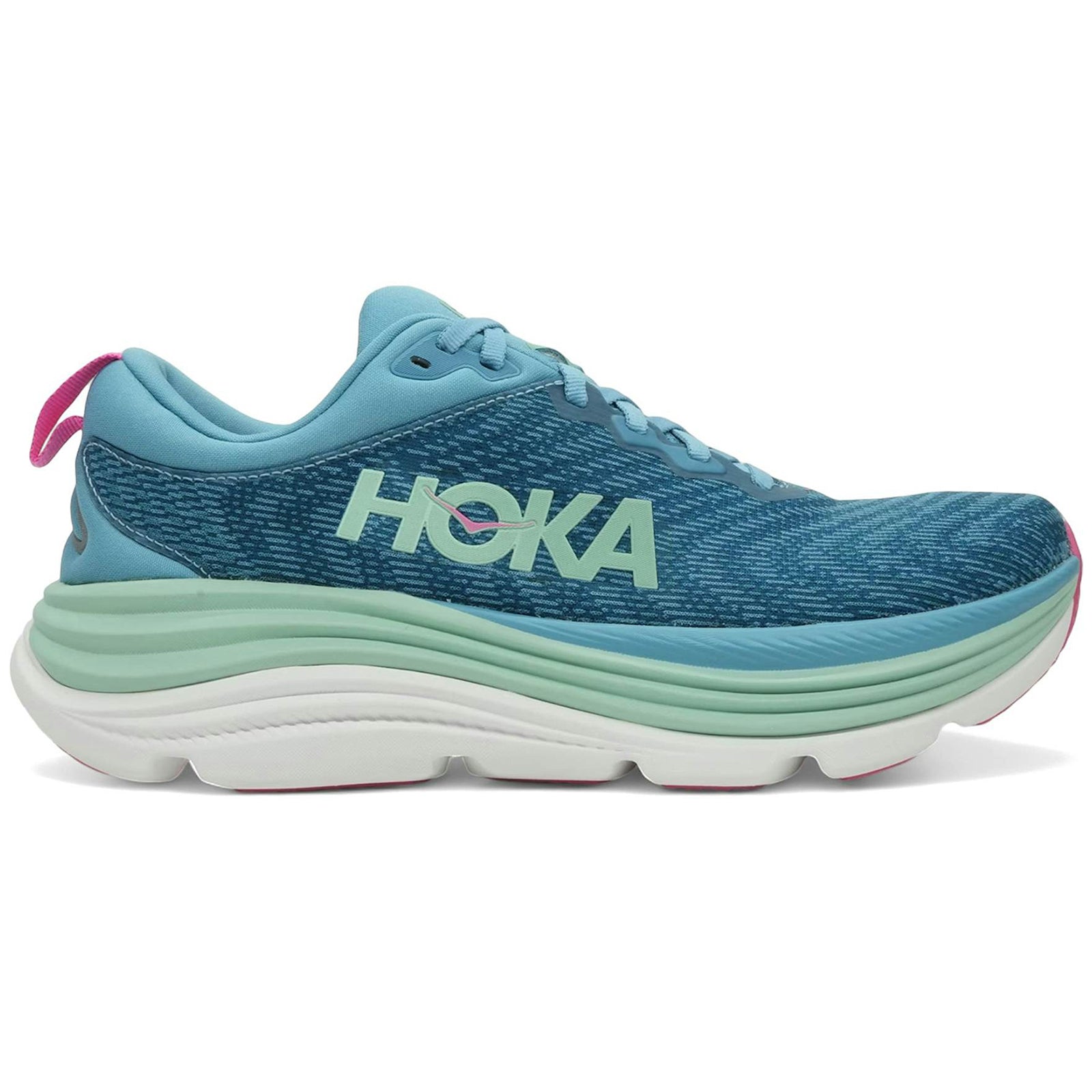 Side view on white background of Womens Hoka Gaviota 4 running shoe in Alpine Blue/Jadeite, Medium (Regular) width
