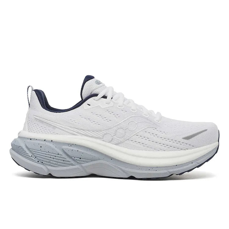 Side view on white background of Mens Saucony Hurricane 25 running shoe in White/Navy, Medium (Regular) width