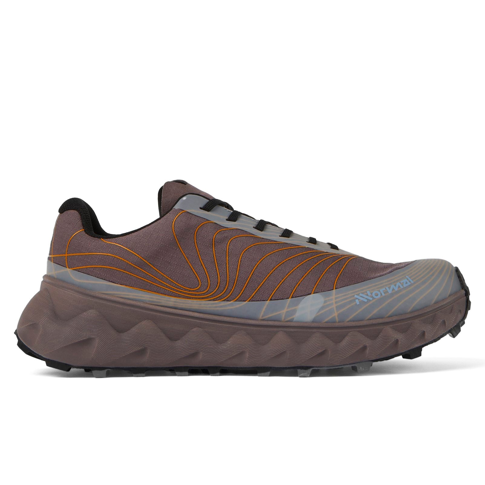 Side view on white background of Womens Nnormal Tomir running shoe in Grey/Purple, Medium (Regular) width