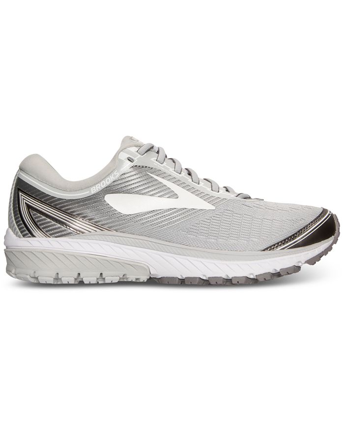 Side view on white background of Womens Brooks Ghost 10 running shoe in Microchip/White/Metallic Charcoal, Medium (Regular) width