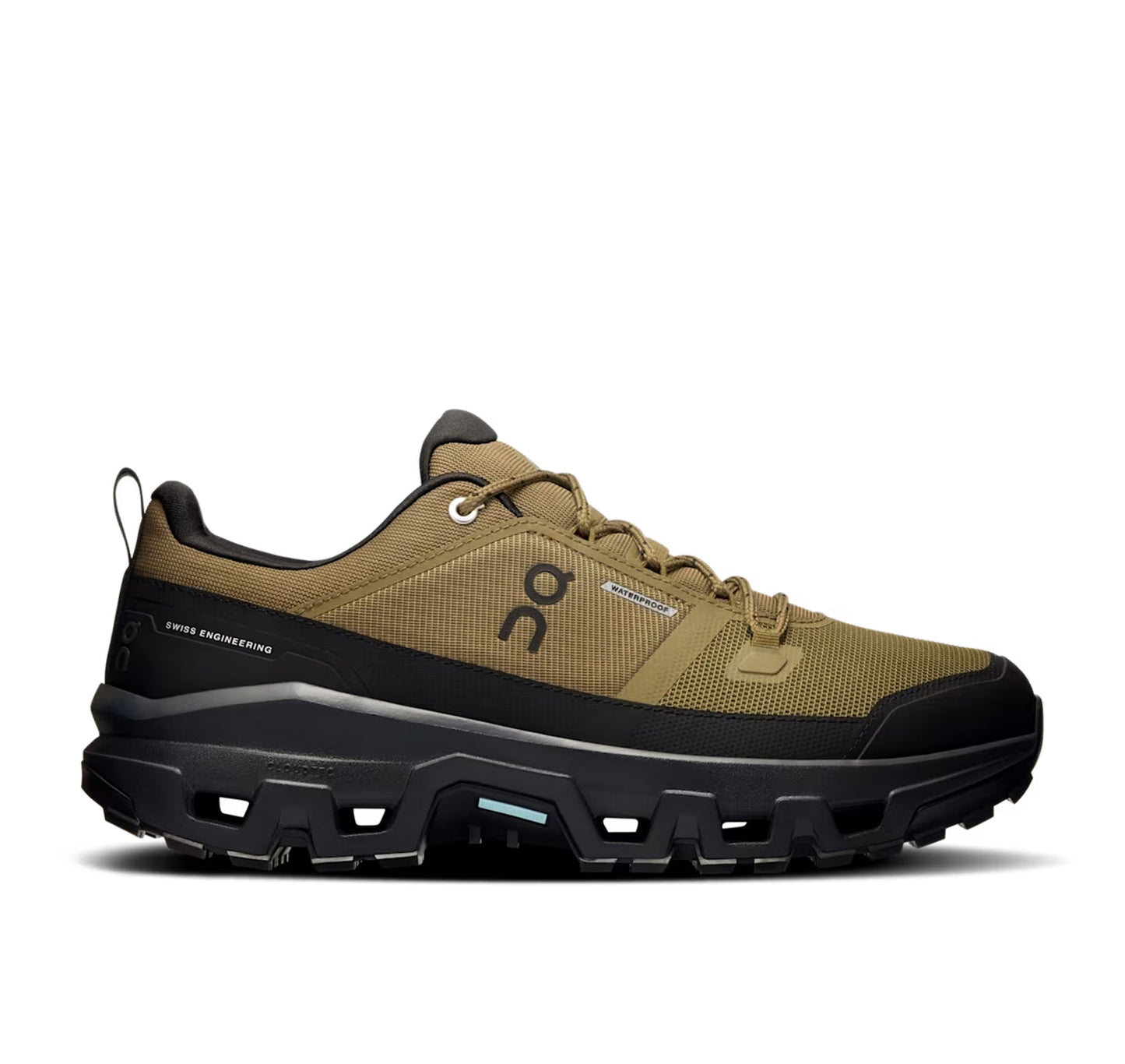 Side view on white background of Mens On Cloudrock Low Waterproof running shoe in Hunter/Black, Medium (Regular) width