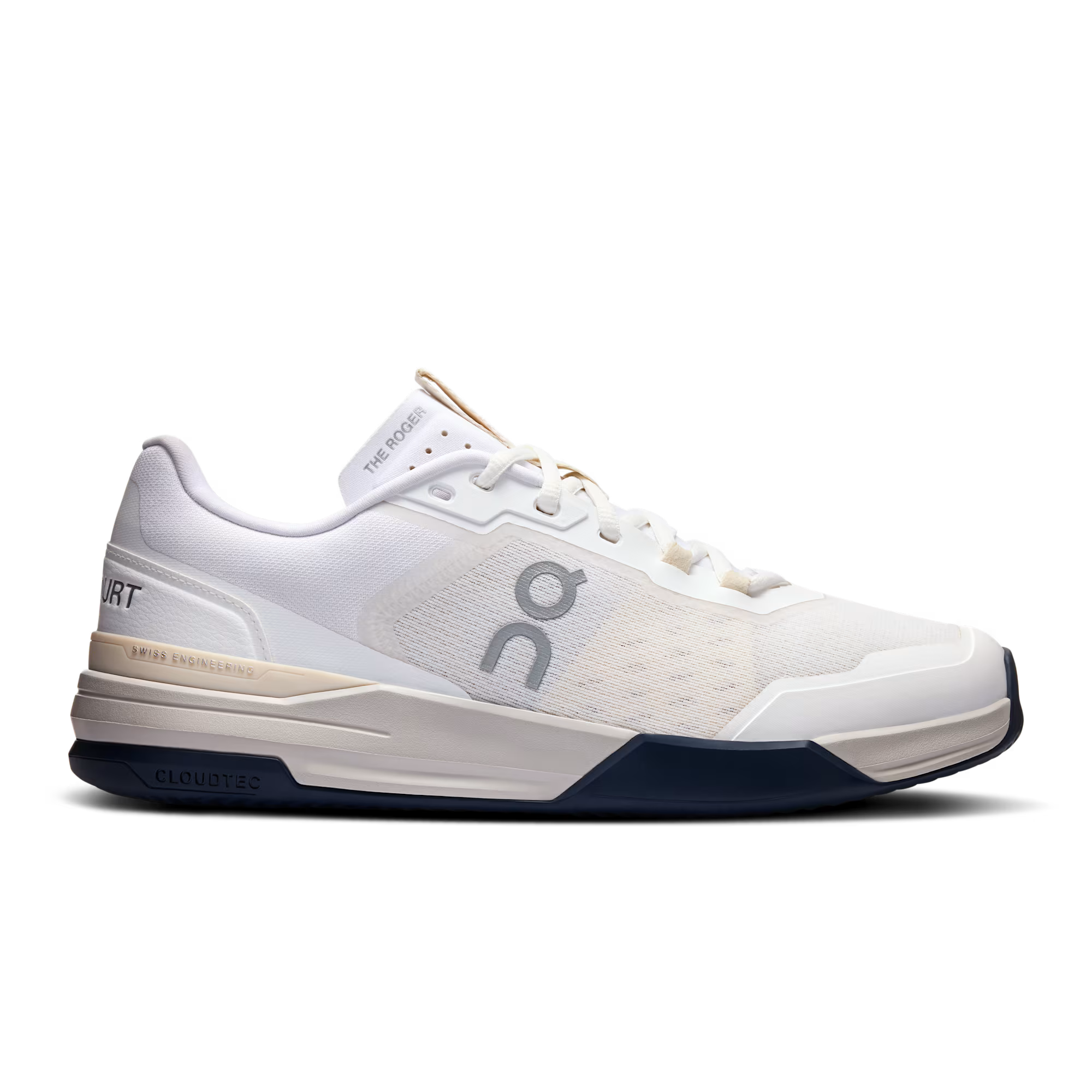 Side view on white background of Womens On The Roger Advantage Pro Clay running shoe in White/Cream, Medium (Regular) width