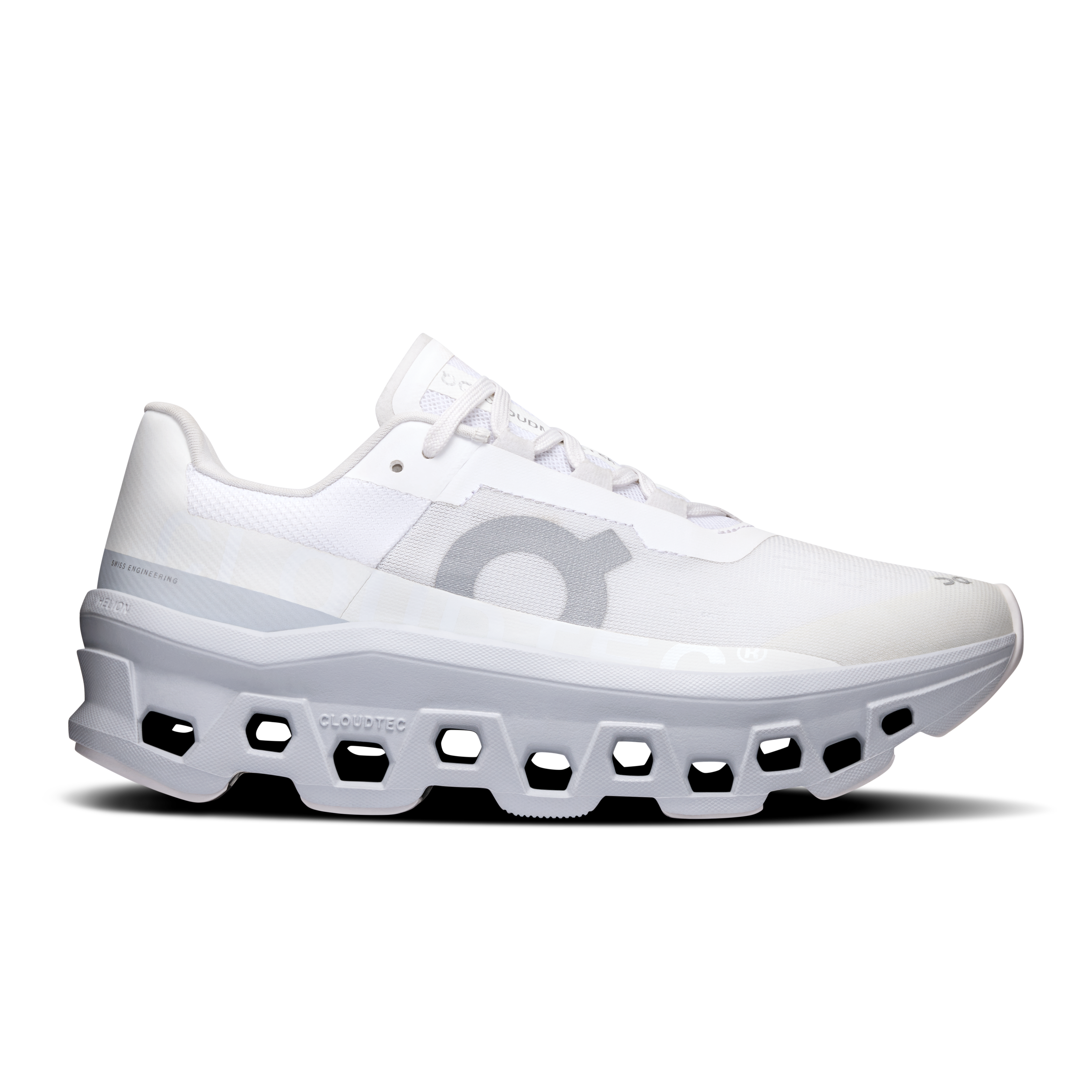 Side view on white background of Womens On Cloudmonster running shoe in White/Glacier, Medium (Regular) width