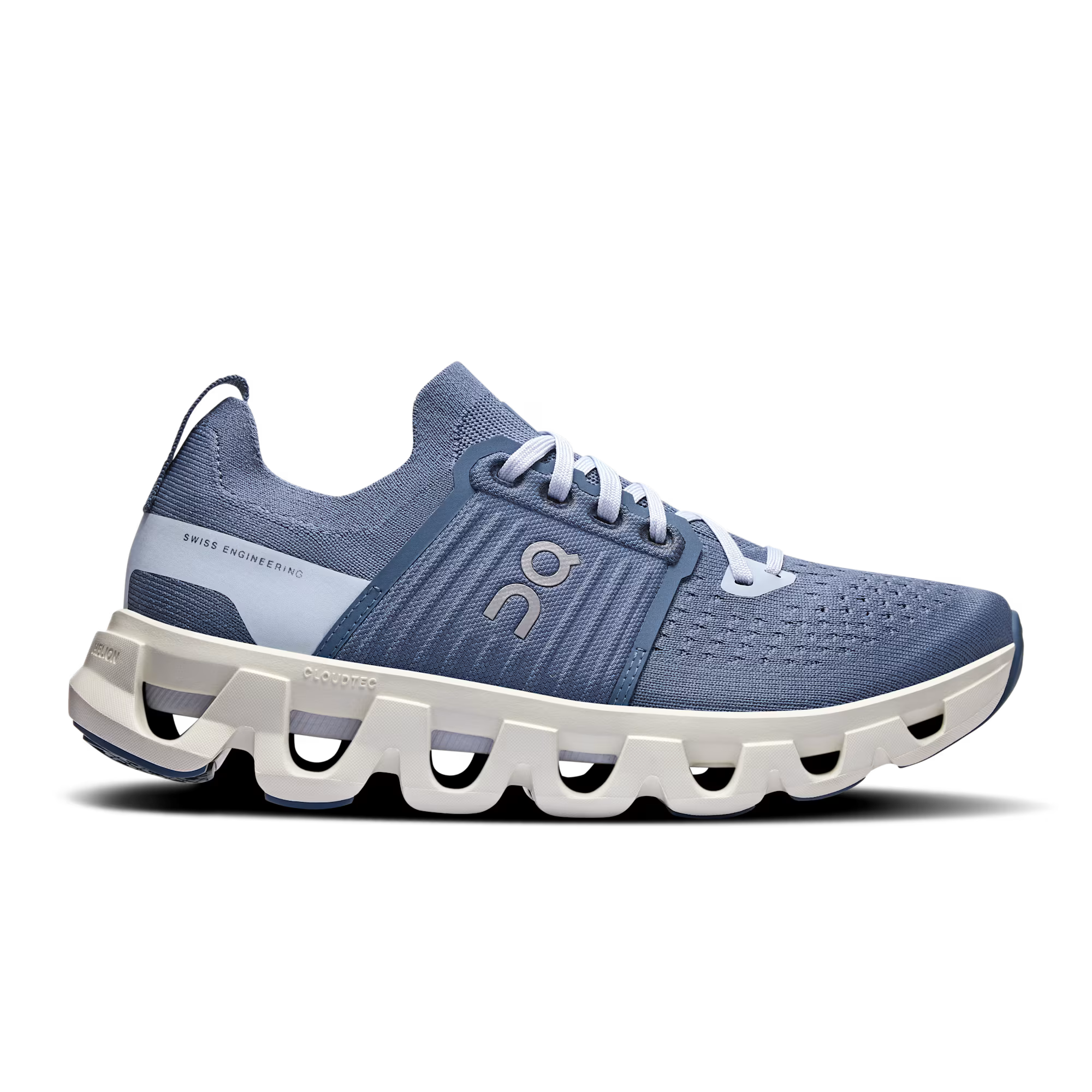 Side view on white background of Womens On Cloudswift 4 running shoe in Metal/Heather, Medium (Regular) width