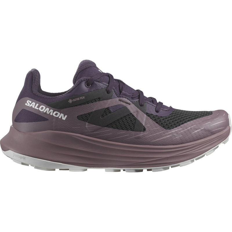 Side view on white background of Womens Salomon Ultra Flow Gore-Tex running shoe in Nightshade/Moonscape/White, Medium (Regular) width