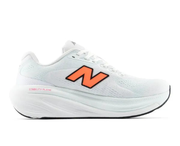 Side view on white background of Mens New Balance Fresh Foam X 860v15 running shoe in NB 103 White/Tangerine Heat/Glint Blue, Wide width