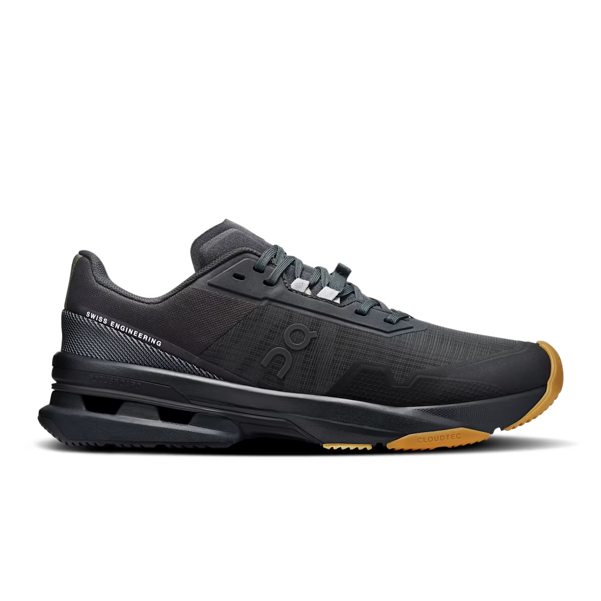 Side view on white background of Womens On Cloudpulse Pro running shoe in Black/Rock, Medium (Regular) width