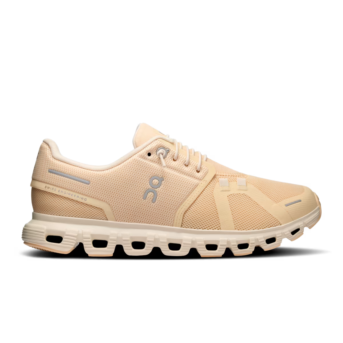 Side view on white background of Womens On Cloud 6 running shoe in Blonde/Dew, Medium (Regular) width