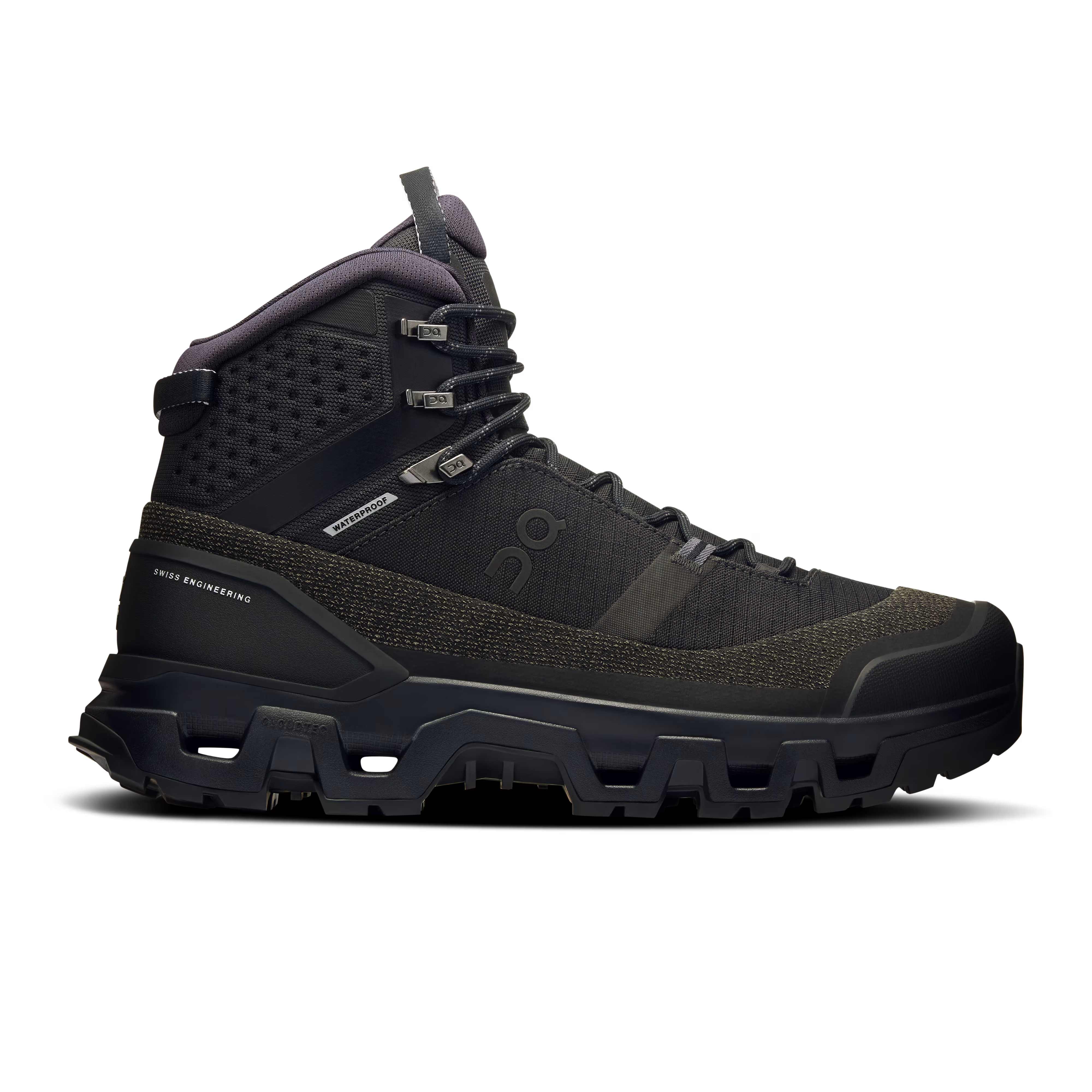 Side view on white background of Mens On Cloudrock Trek WP running shoe in Black/Black, Medium (Regular) width