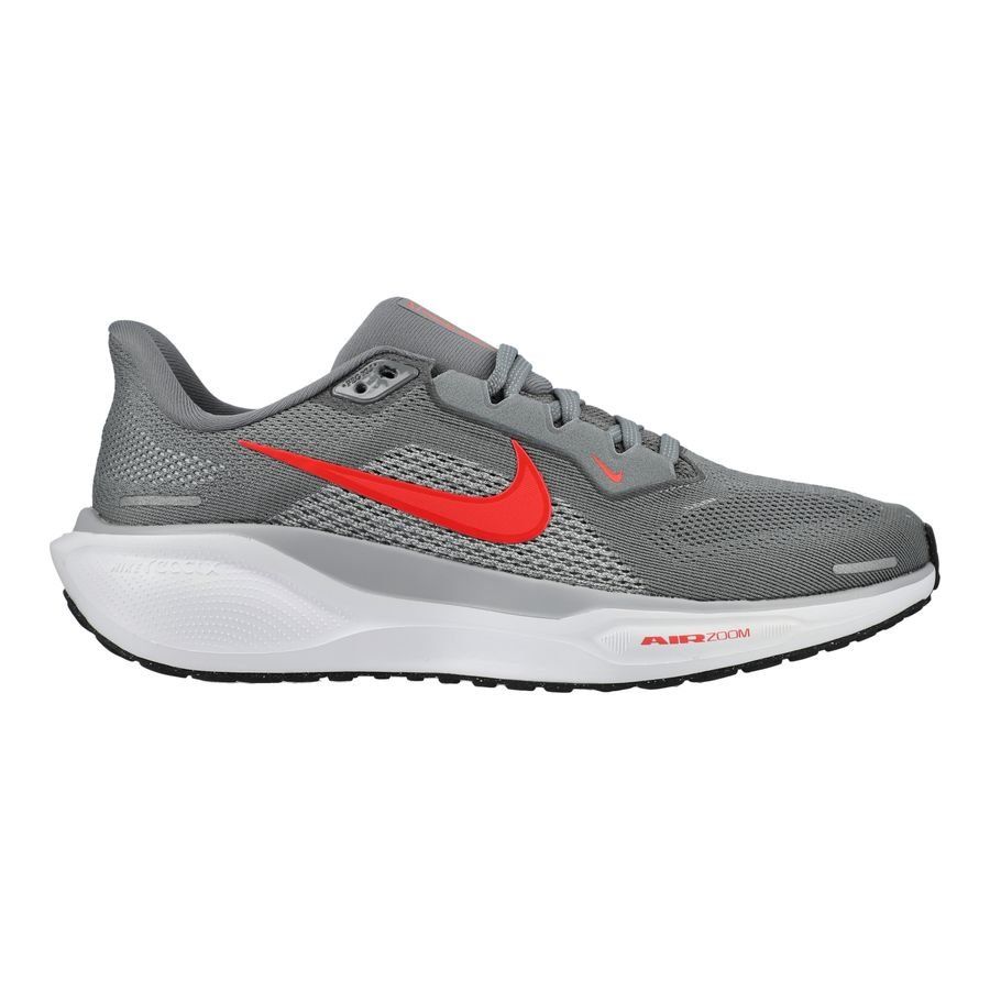 Side view on white background of Mens Nike Pegasus 41 running shoe in Cool Grey/Bright Crimson/Wolf Grey, Medium (Regular) width
