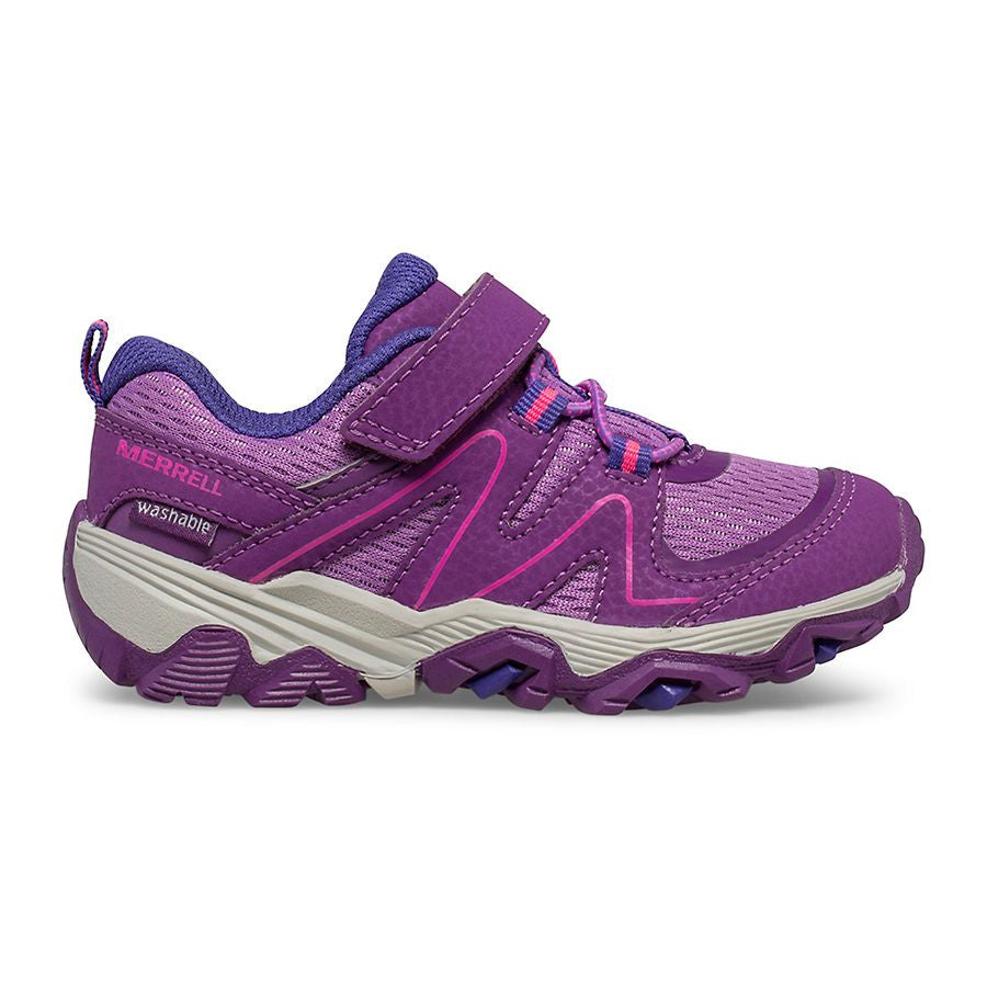 Side view on white background of Toddler Merrell Trail Quest Washable running shoe in Berry Suede/Mesh, Wide width