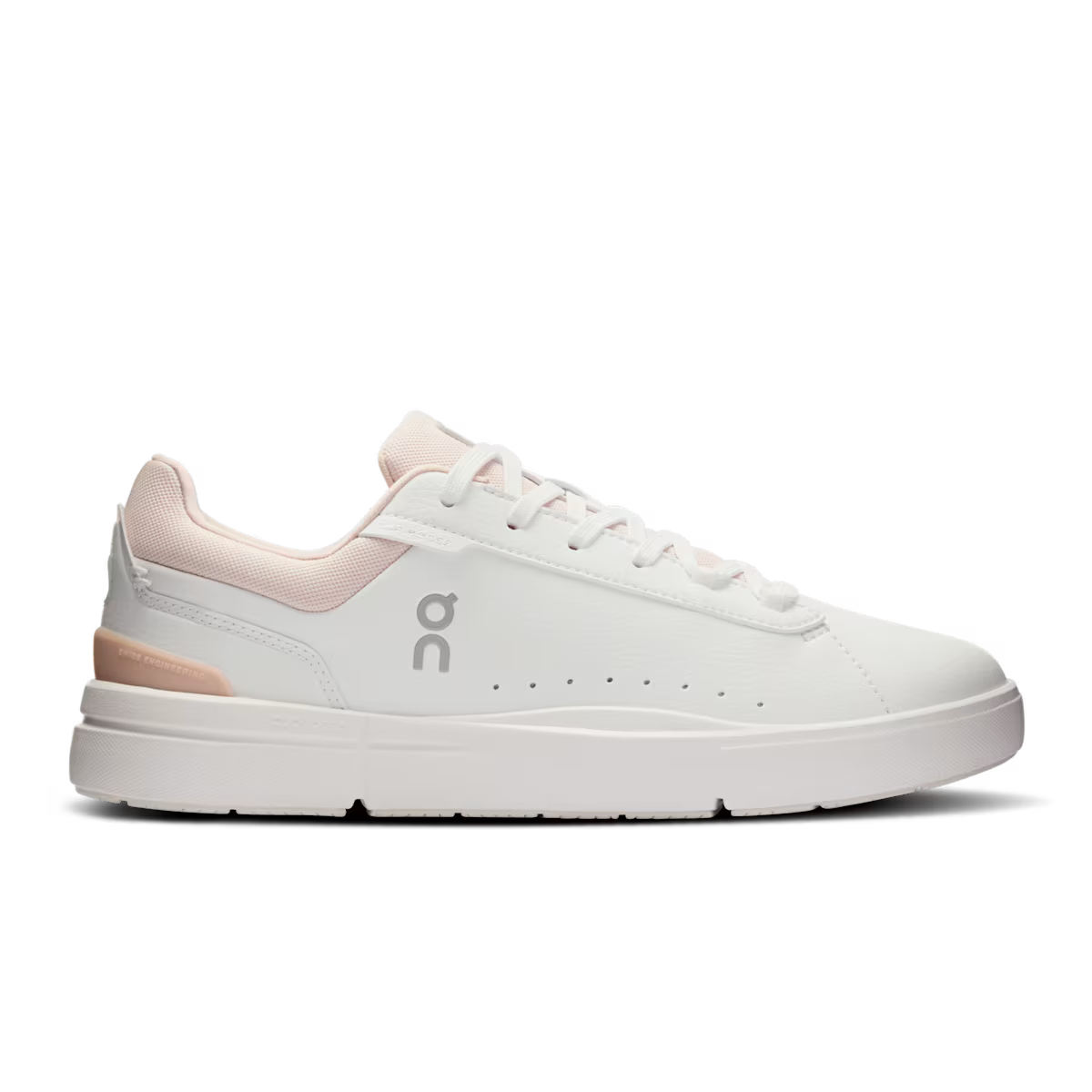 Side view on white background of Womens On The Roger Advantage running shoe in White/Rosehip, Medium (Regular) width