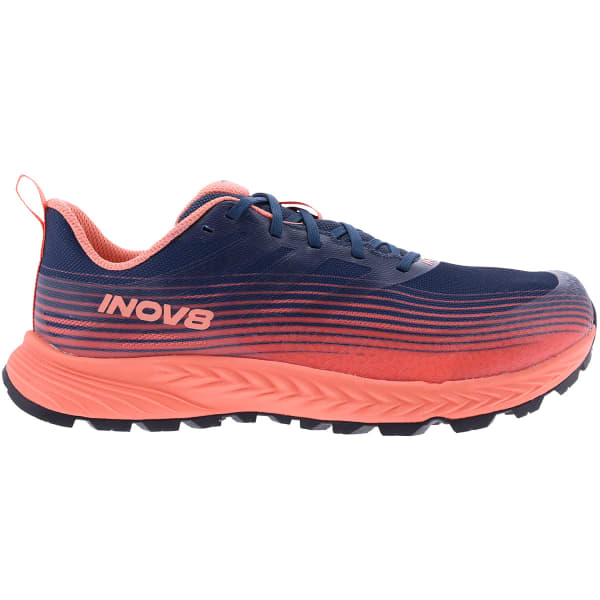 Side view on white background of Womens Inov8 TrailFly Speed running shoe in Navy/Coral, Wide width