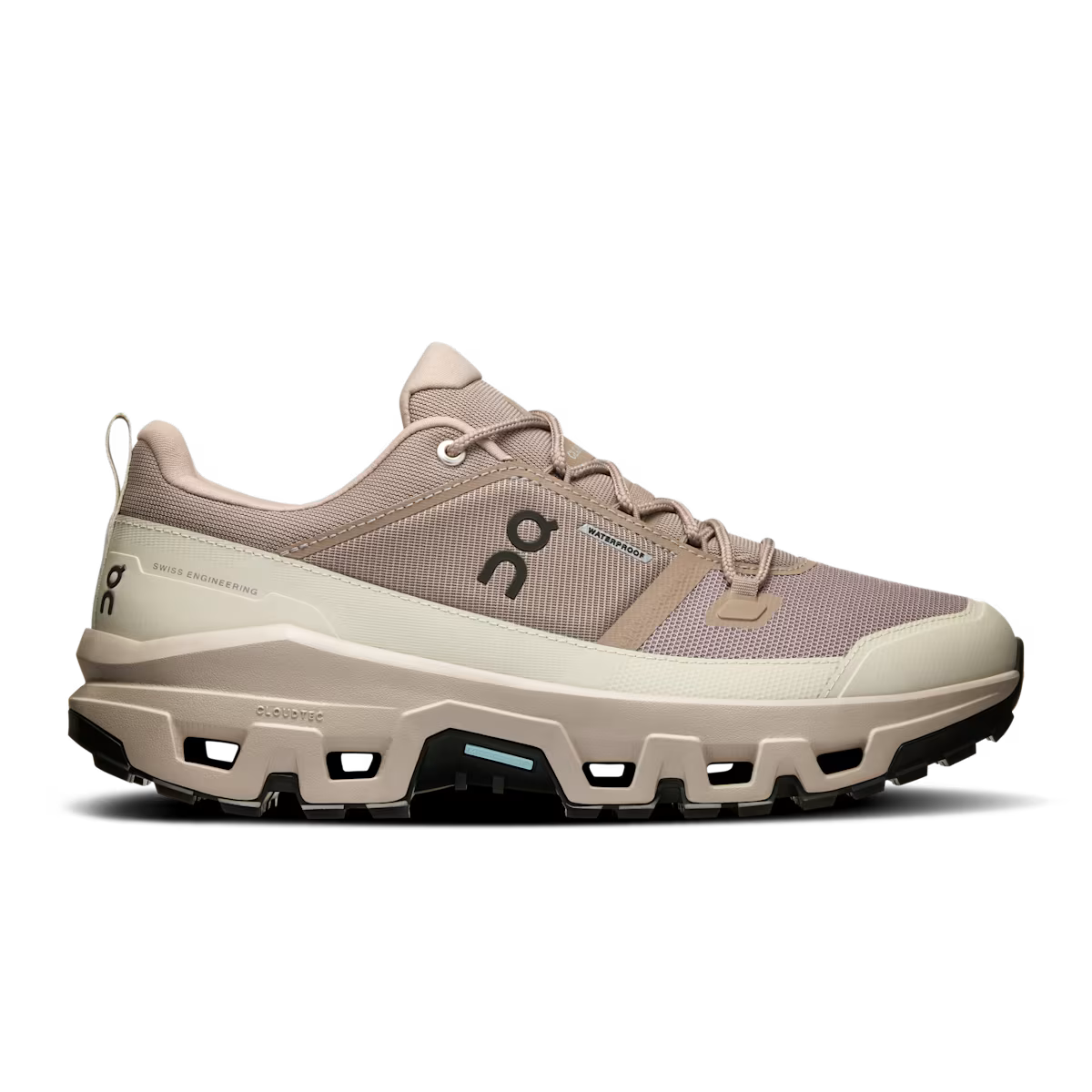 Side view on white background of Mens On Cloudrock Low Waterproof running shoe in Cinder/Fog, Medium (Regular) width