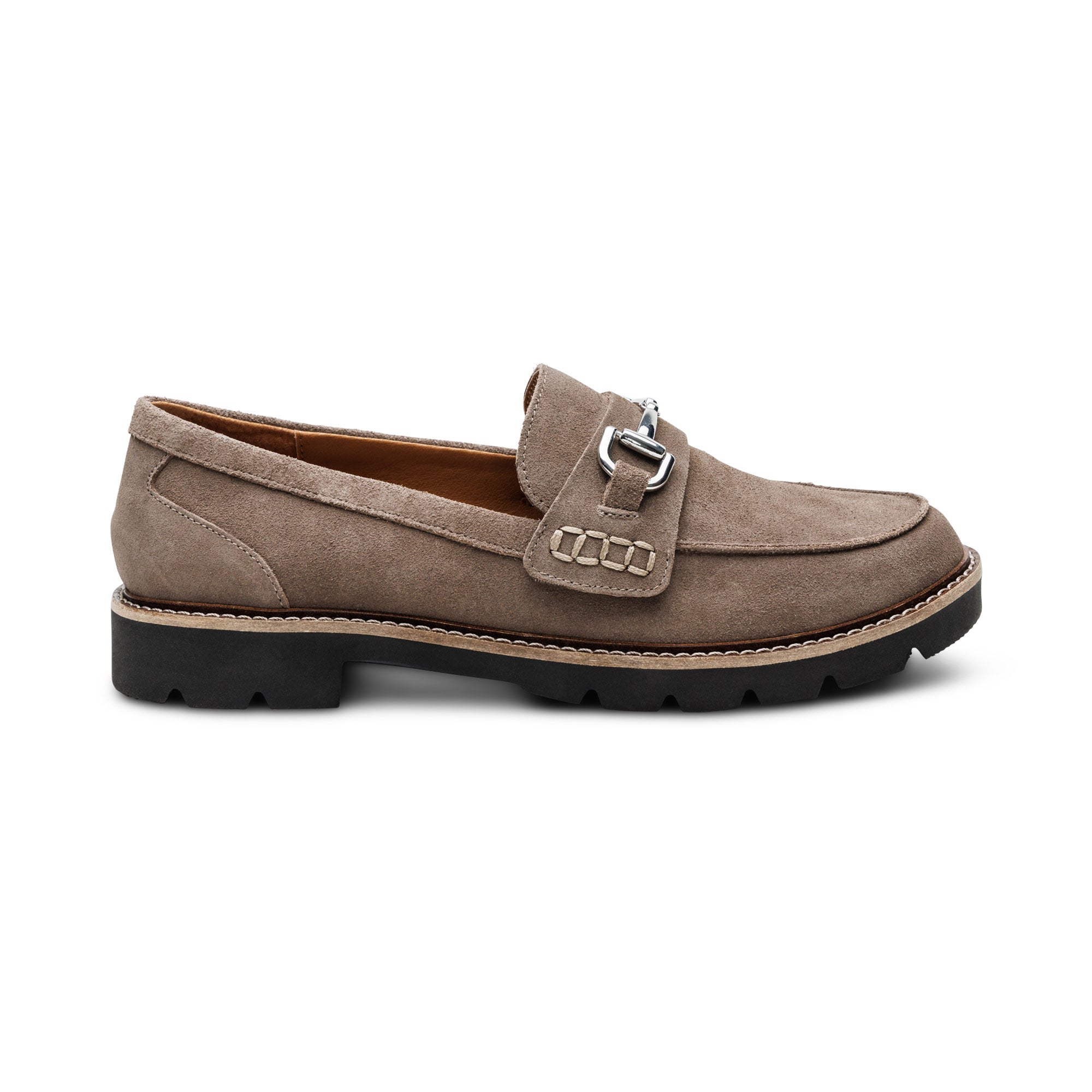 Side view on white background of Womens Aetrex Collette running shoe in Taupe Suede, Medium (Regular) width