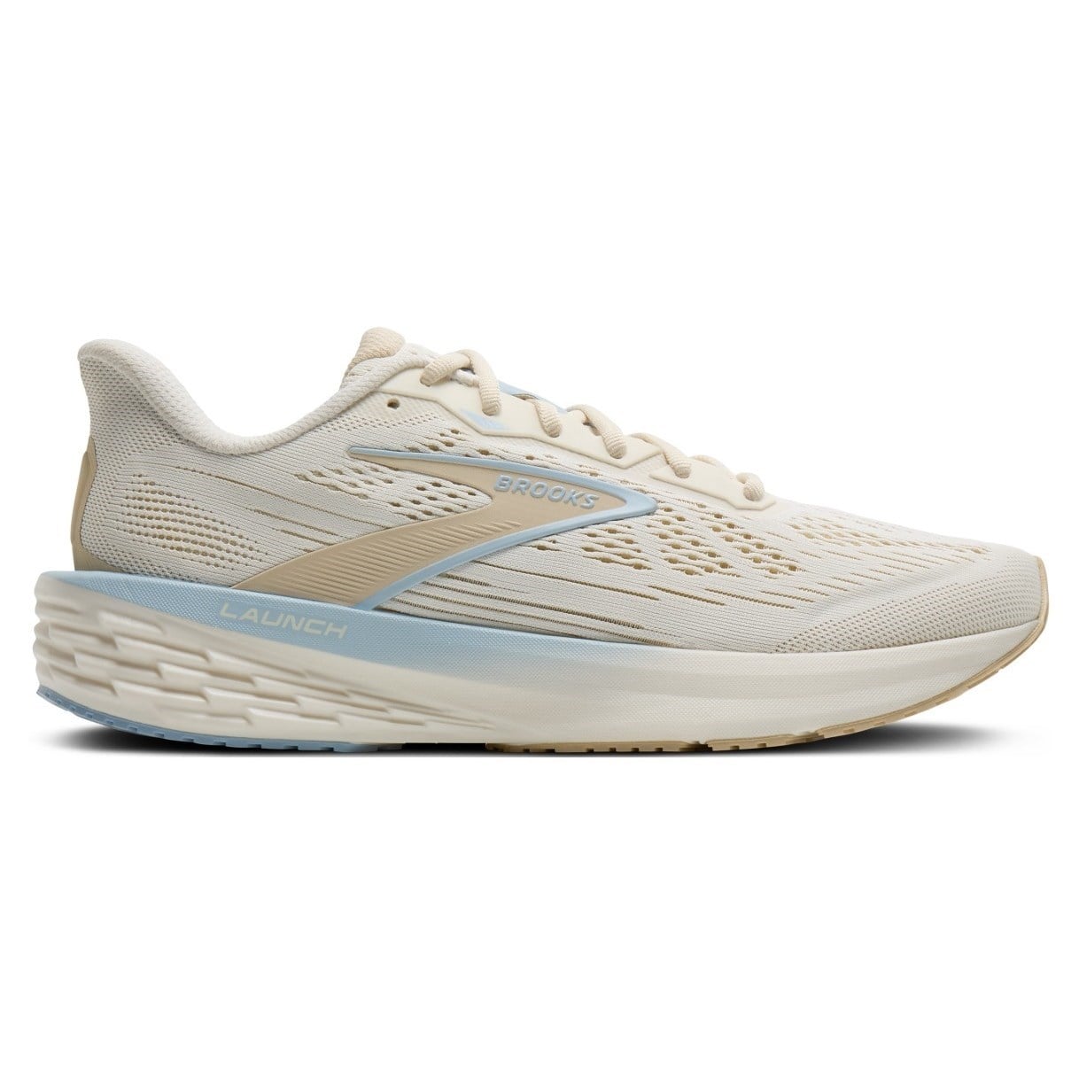 Side view on white background of Womens Brooks Launch 12 running shoe in Coconut/Sand/Skyway, Medium (Regular) width
