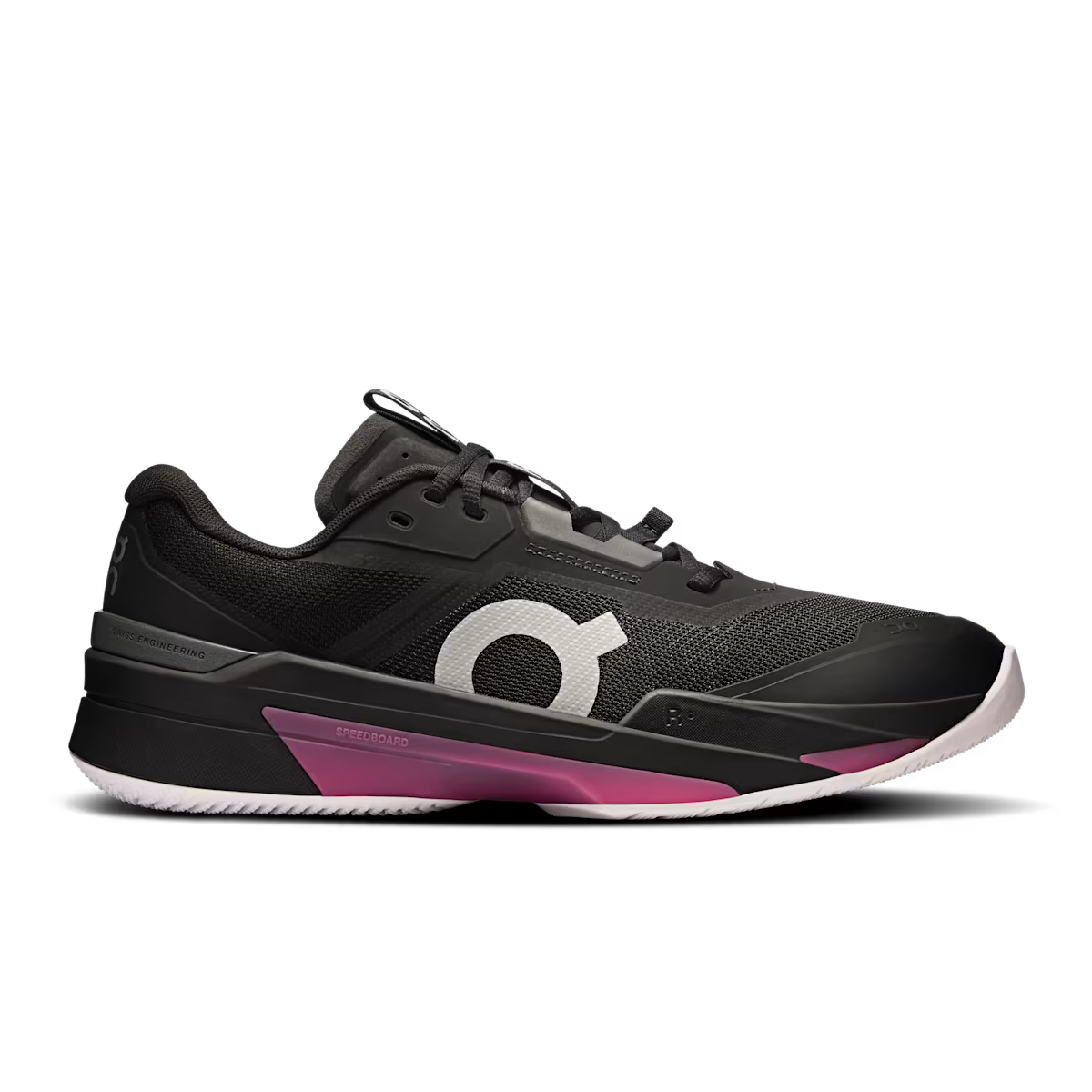 Side view on white background of Mens On The Roger Pro Fire running shoe in Black/Pink, Medium (Regular) width