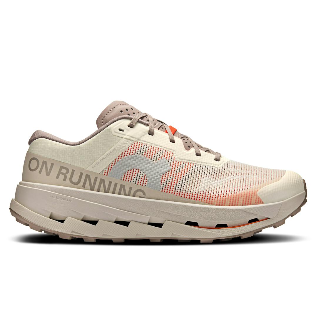 Side view on white background of Mens On Cloudultra 3 running shoe in Cinder/Pearl, Medium (Regular) width
