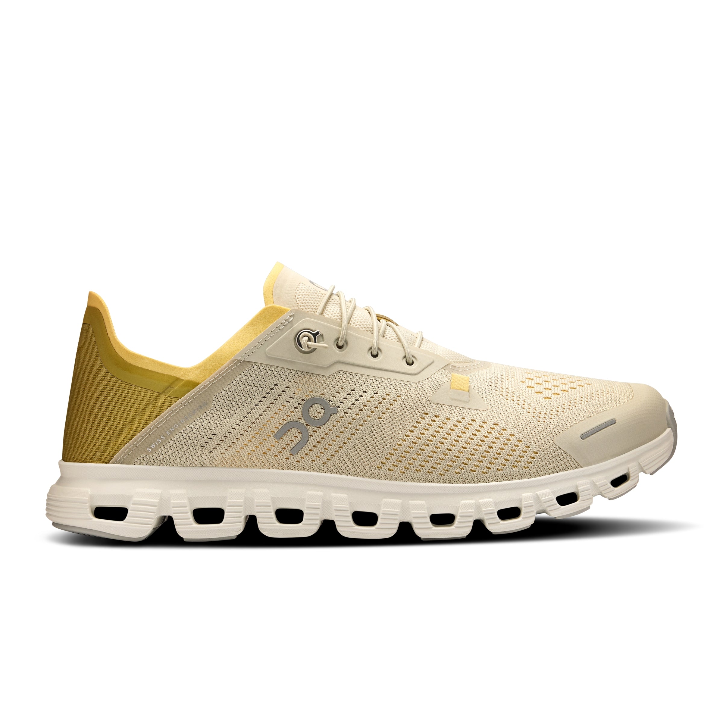 Side view on white background of Mens On Cloud 6 Coast running shoe in Pelican/Ice, Medium (Regular) width