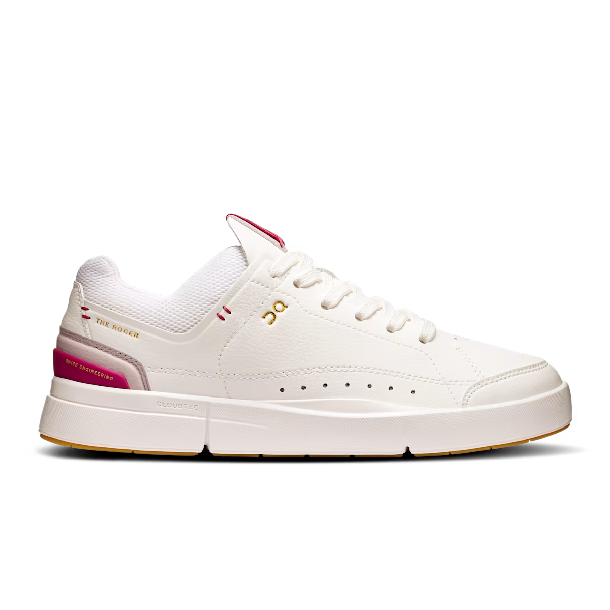 Side view on white background of Womens On The Roger Centre Court running shoe in White/Grenadine, Medium (Regular) width