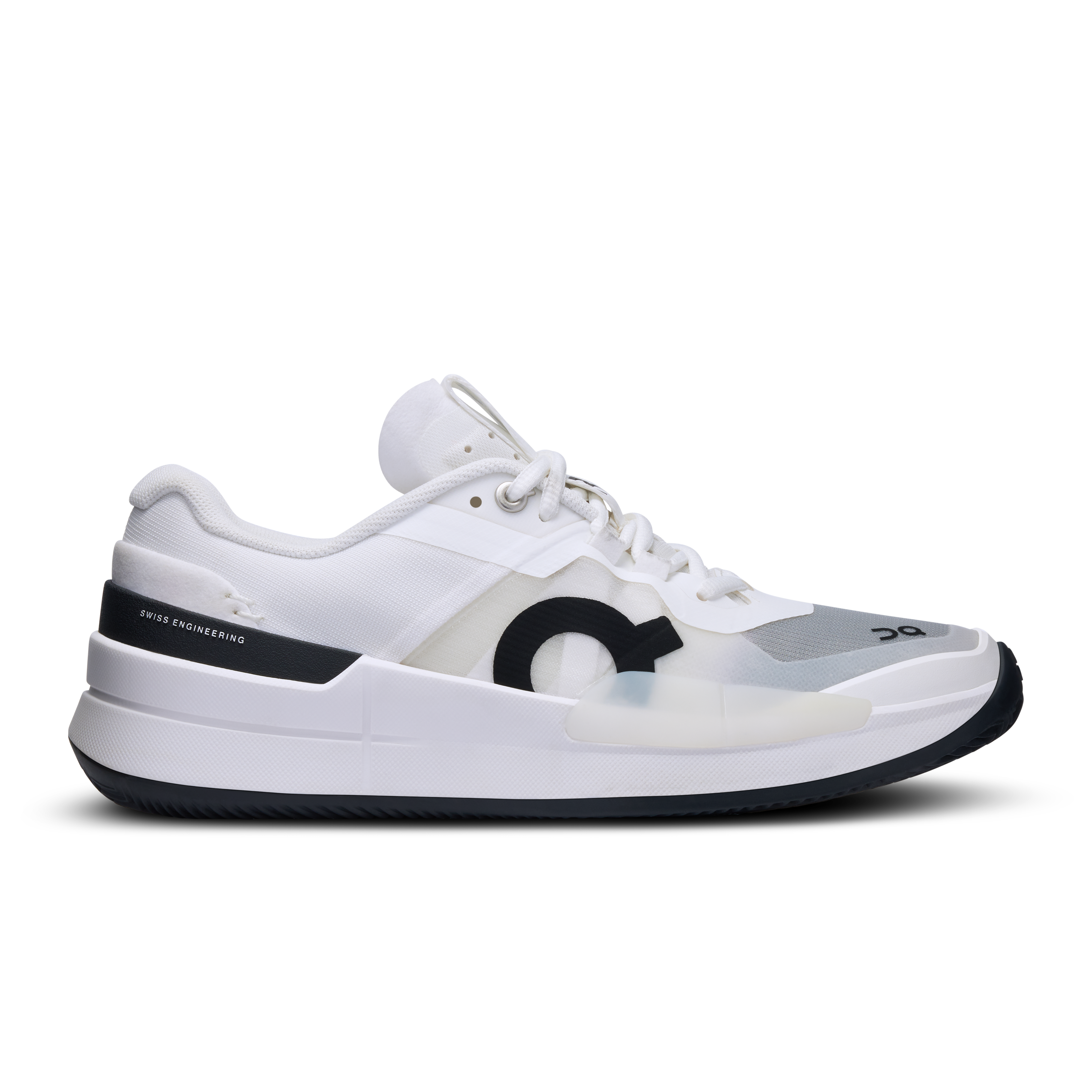 Side view on white background of Womens On The Roger Pro 2 Clay running shoe in White/Black, Medium (Regular) width