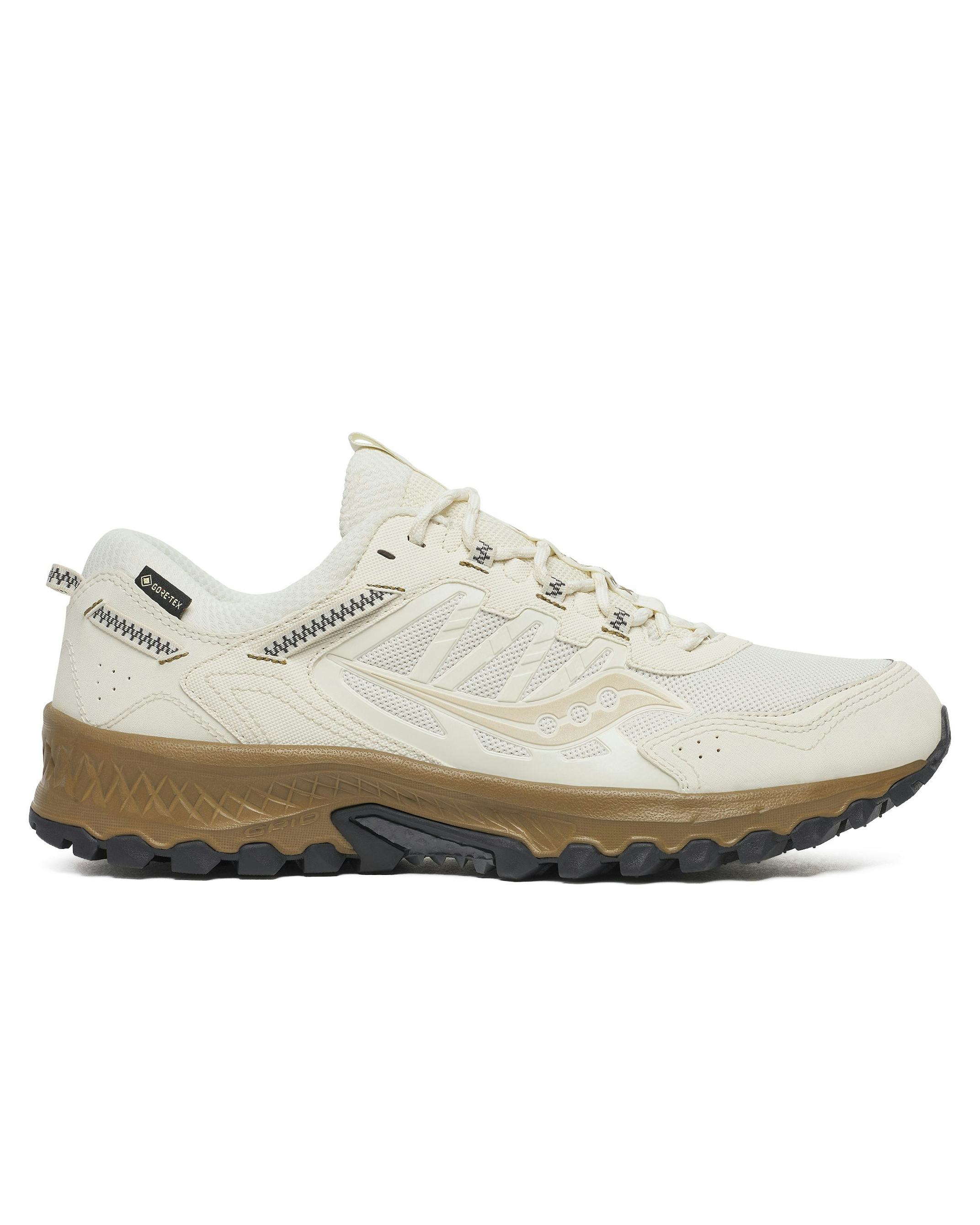 Side view on white background of Mens Saucony Grid Peak GTX running shoe in Ivory/Gold, Medium (Regular) width