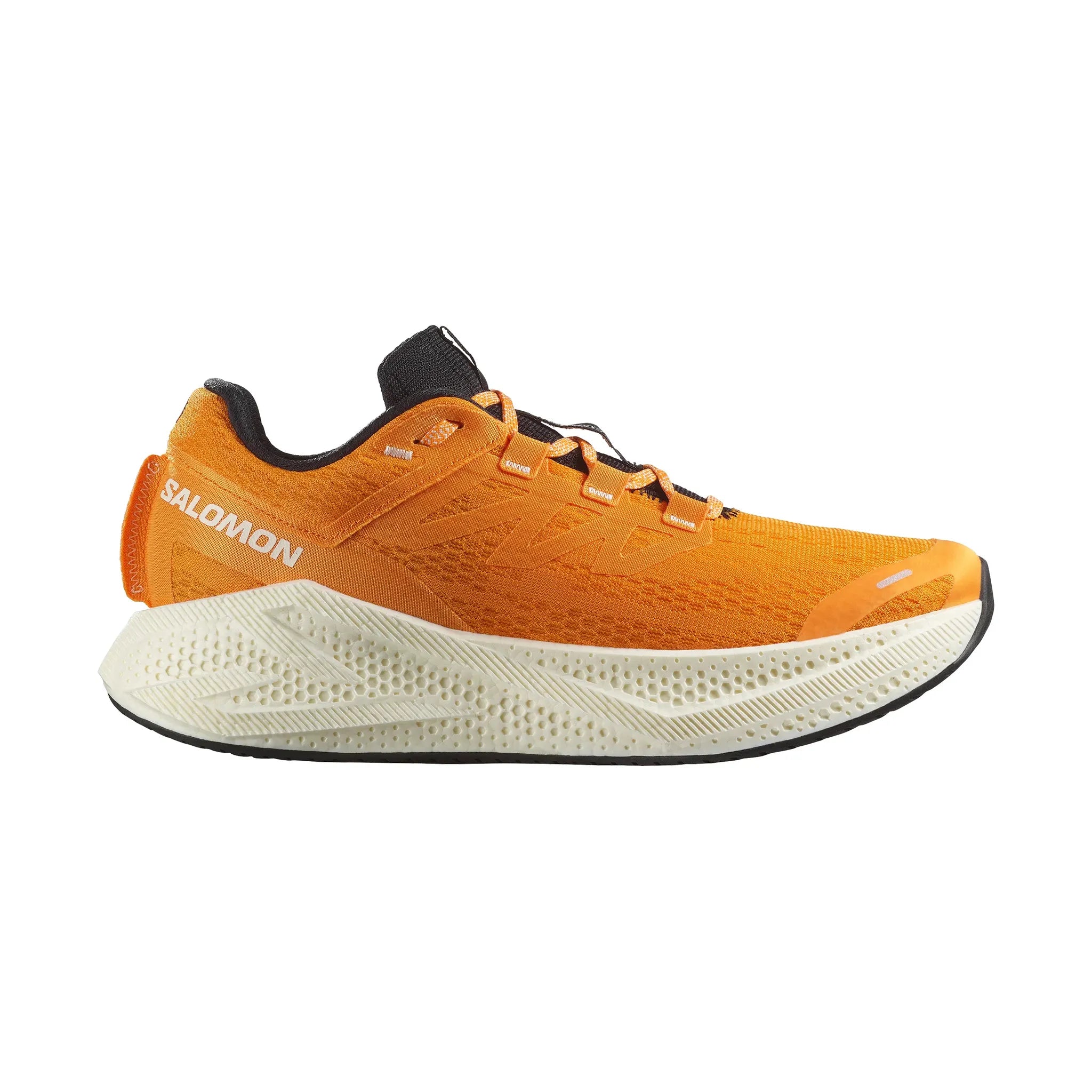 Side view on white background of Mens Salomon Aero Glide 3 running shoe in Turmeric/White/Black, Medium (Regular) width