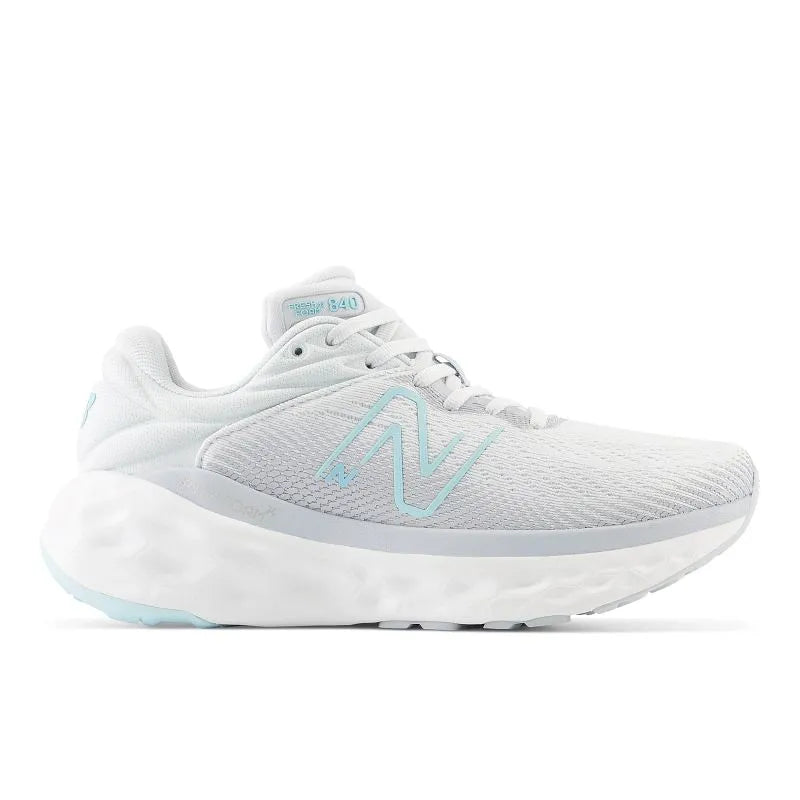Side view on white background of Womens New Balance Fresh Foam X 840v1 running shoe in Quartz Grey/Virtual Blue/Bright Cyan/White, Extra Wide width