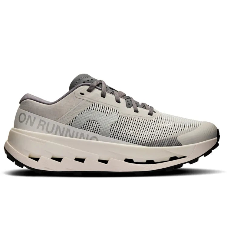 Side view on white background of Womens On Cloudultra 3 running shoe in Rock/White, Medium (Regular) width