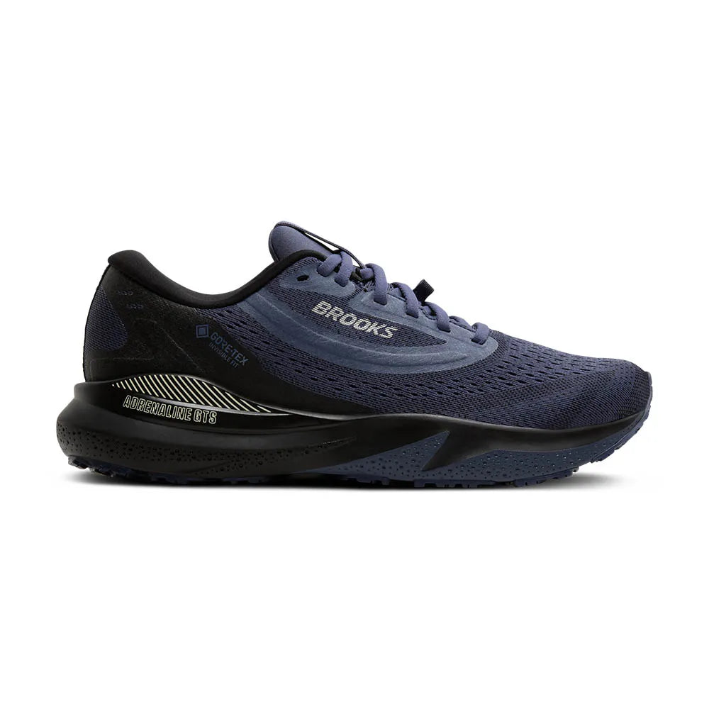 Side view on white background of Mens Brooks Adrenaline GTS 24 GTX running shoe in Black/Night Shadow/Coconut, Medium (Regular) width