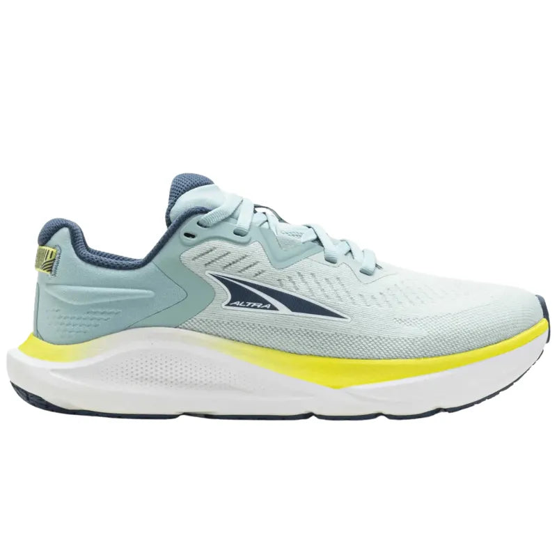 Side view on white background of Womens Altra Paradigm 8 running shoe in Mint, Medium (Regular) width