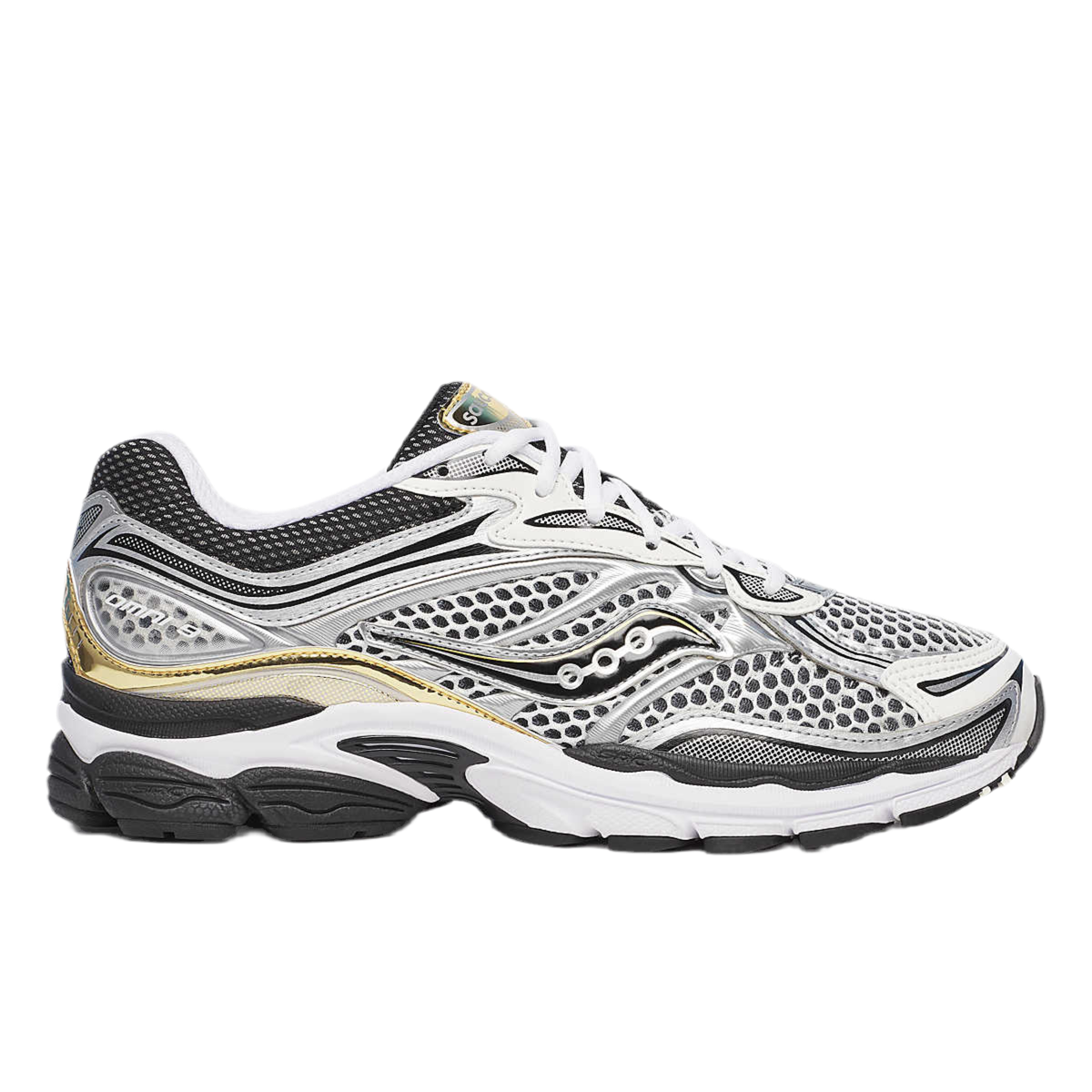 Side view on white background of Womens Saucony ProGrid Omni 9 running shoe in Gold/Silver, Medium (Regular) width