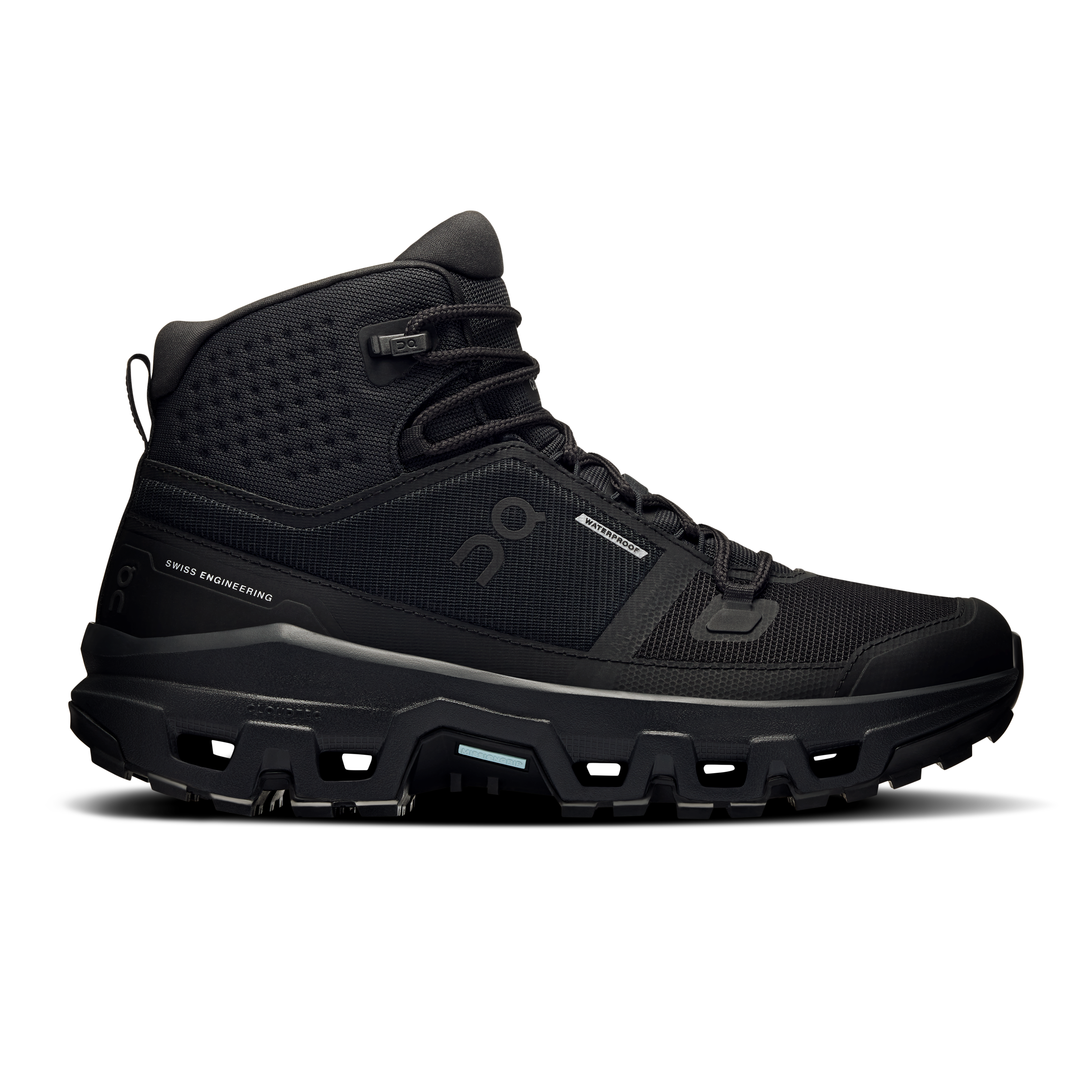 Side view on white background of Womens On Cloudrock Mid WP running shoe in Black/Black, Medium (Regular) width