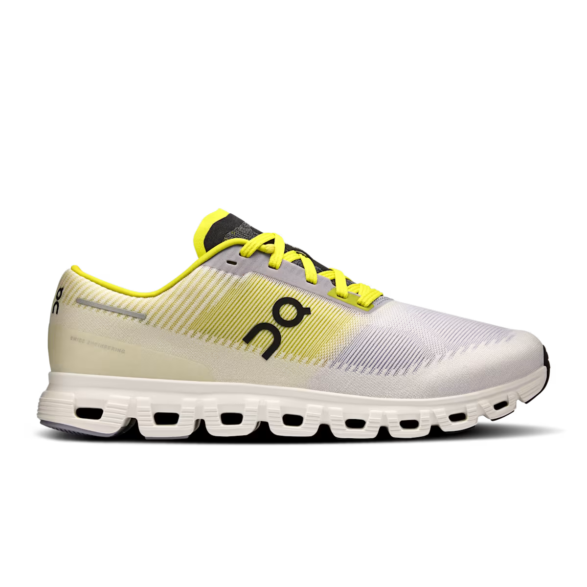 Side view on white background of Mens On Cloud 6 Push running shoe in Lilac/Lime, Medium (Regular) width