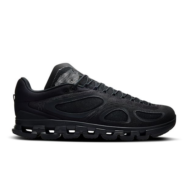 Side view on white background of Mens On Cloud X FKA running shoe in Black, Medium (Regular) width