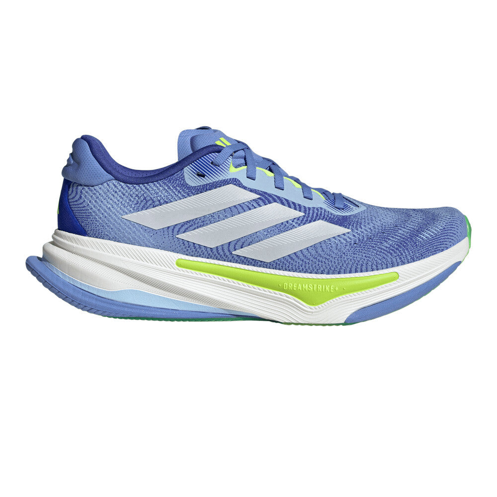 Side view on white background of Mens Adidas Supernova Prima 2 running shoe in Blue Fusion/Ftwr White/Lucid Blue, Medium (Regular) width