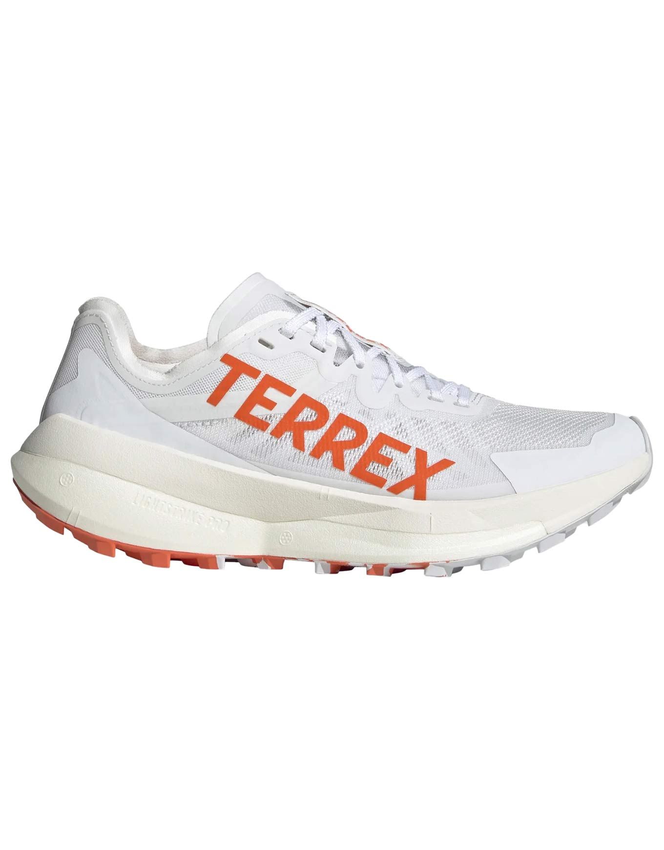 Side view on white background of Womens Adidas Terrex Agravic Speed running shoe in Ftwr White/Impact Orange/Dash Grey, Medium (Regular) width