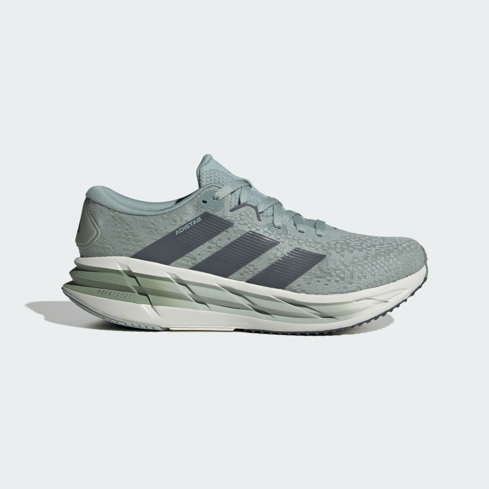 Side view on white background of Mens Adidas Adistar 4 running shoe in Wonder Sage/Onix/Silver Green, Medium (Regular) width