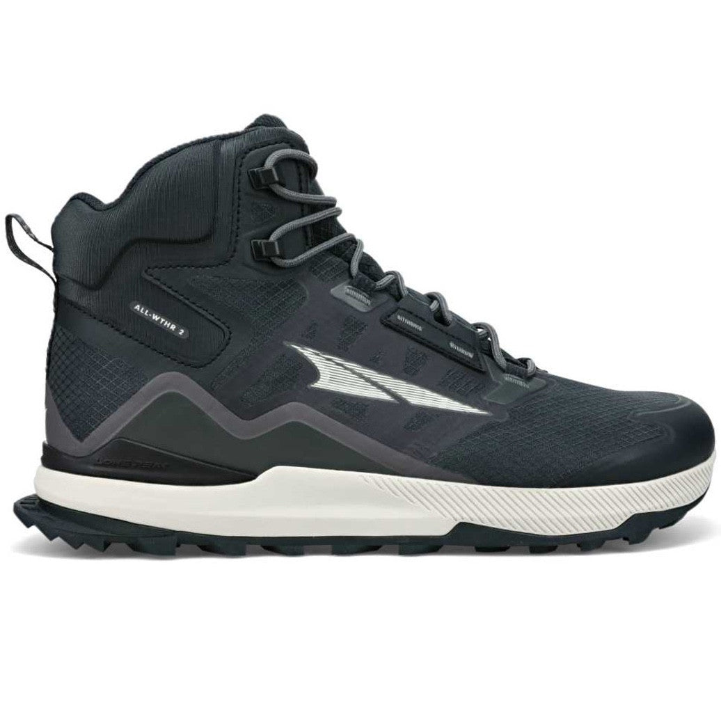 Side view on white background of Mens Altra Lone Peak All-WTHR Mid 2 running shoe in Black, Medium (Regular) width