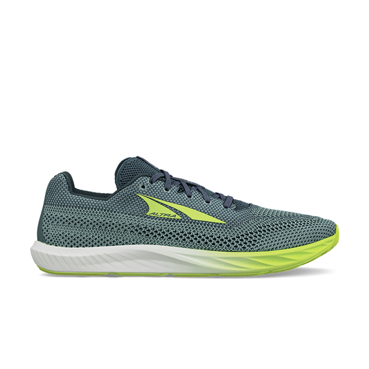 Side view on white background of Mens Altra Escalante Racer 2 running shoe in Navy/Lime, Medium (Regular) width