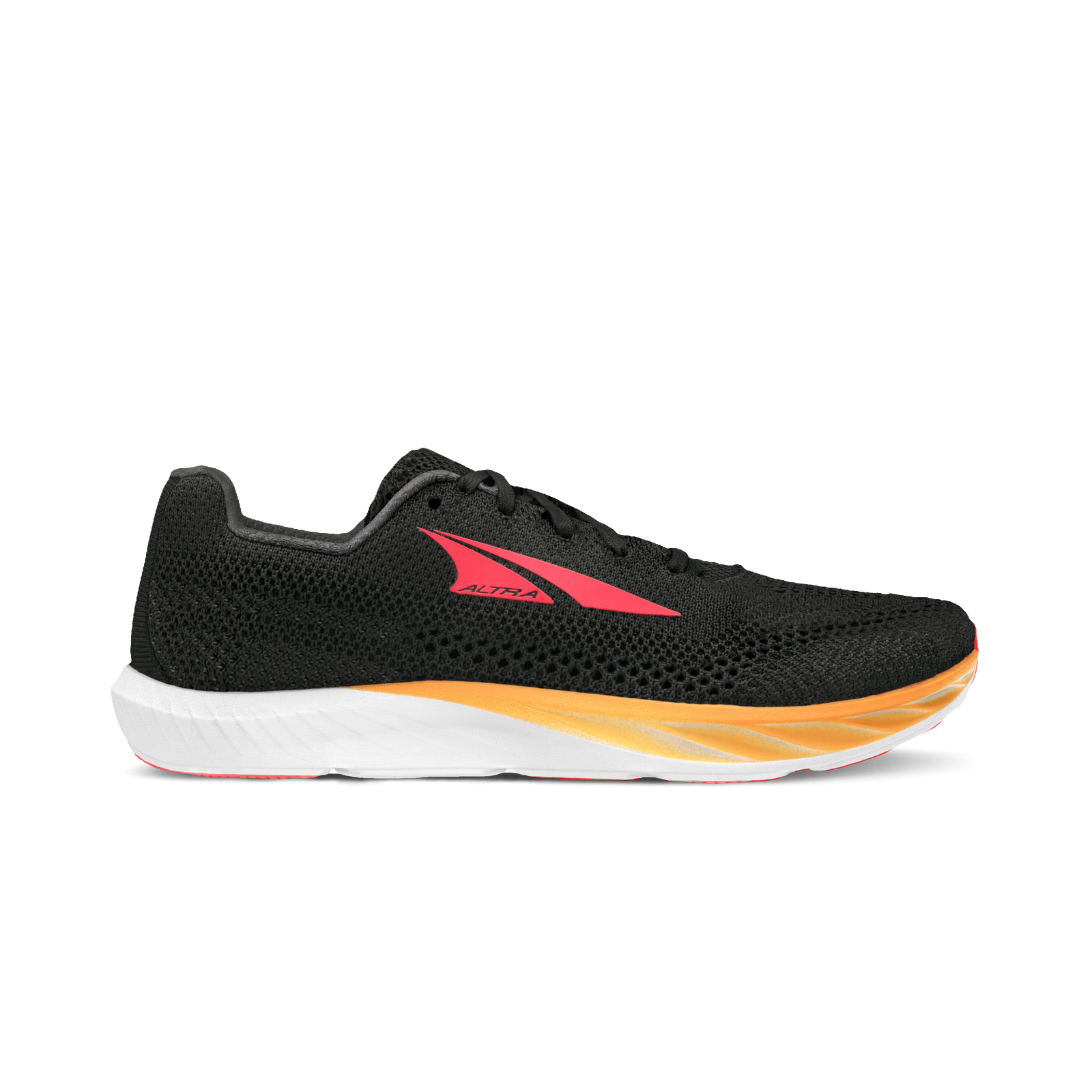 Side view on white background of Womens Altra Escalante Racer 2 running shoe in Black/Pink, Medium (Regular) width