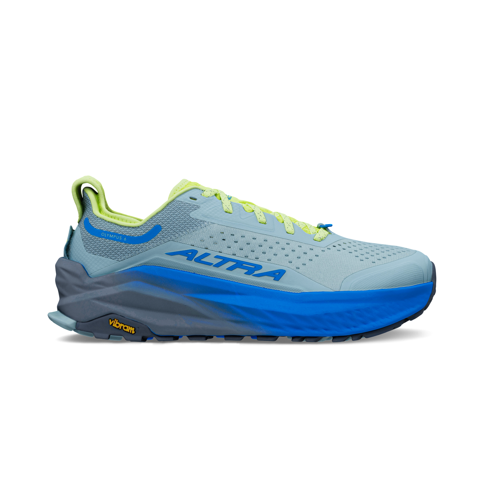 Side view on white background of Mens Altra Olympus 6 running shoe in Gray/Blue, Medium (Regular) width