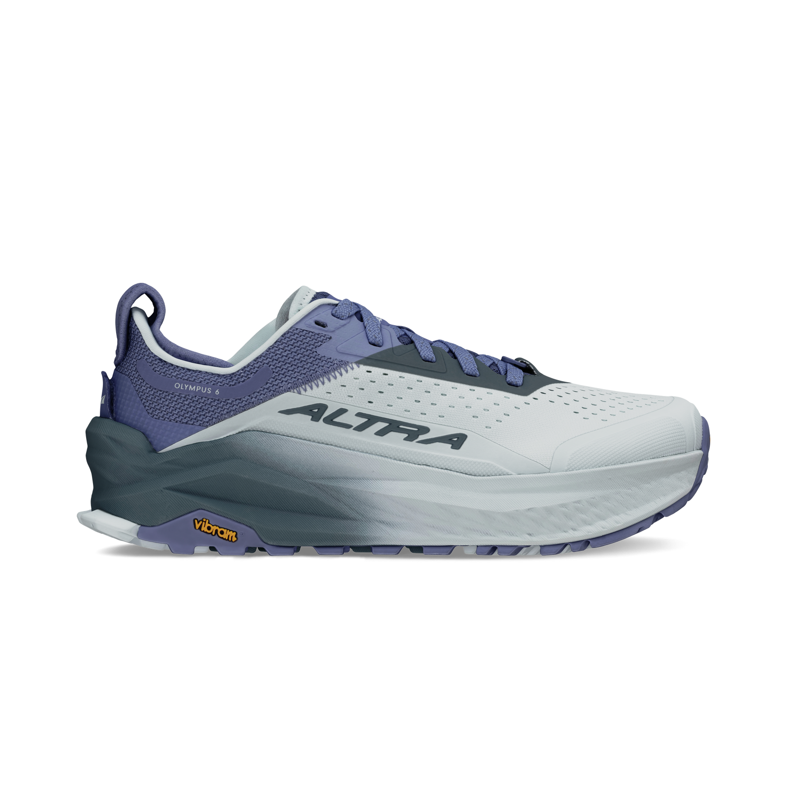 Side view on white background of Womens Altra Olympus 6 running shoe in Gray/Blue, Medium (Regular) width