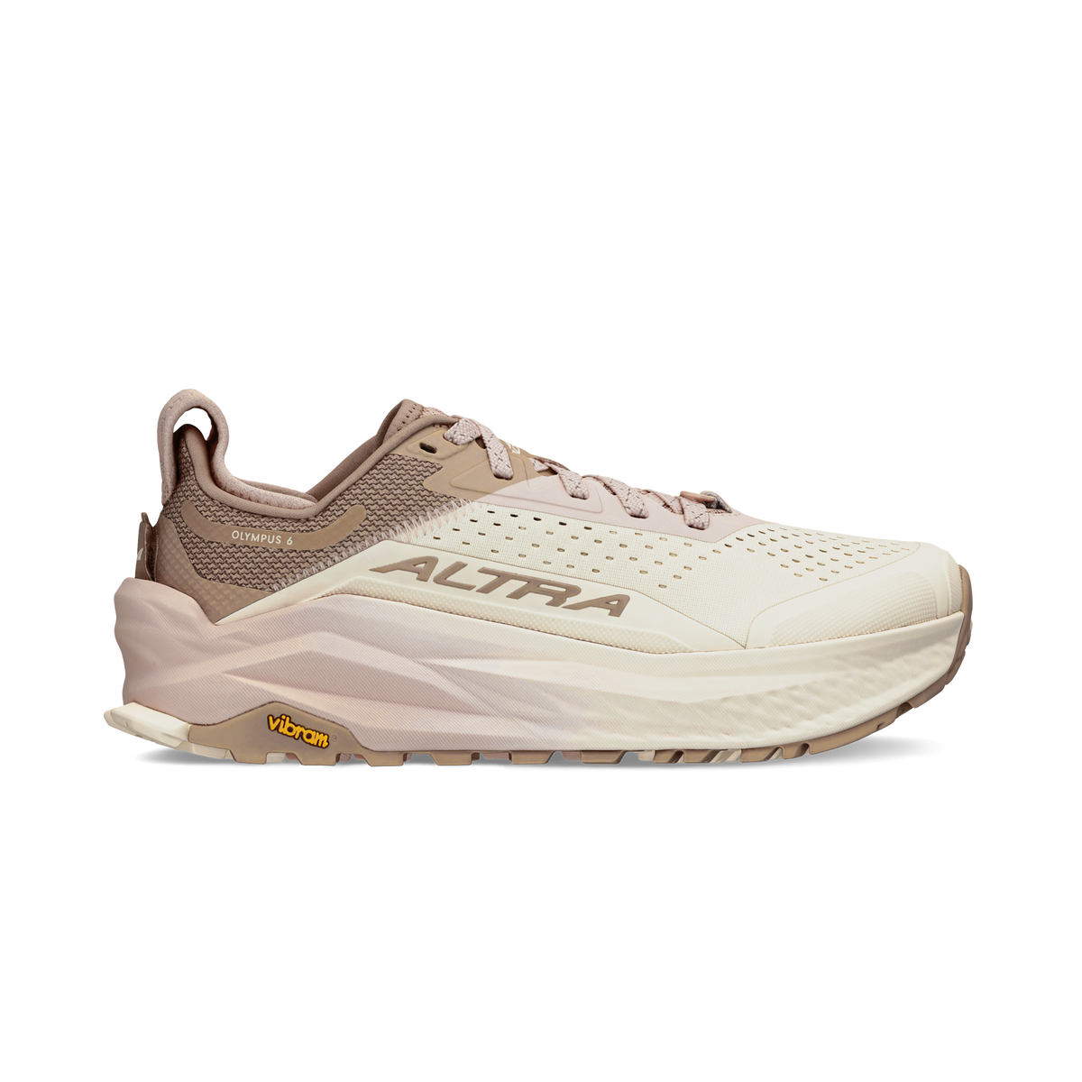 Side view on white background of Womens Altra Olympus 6 running shoe in Taupe/Pink, Medium (Regular) width