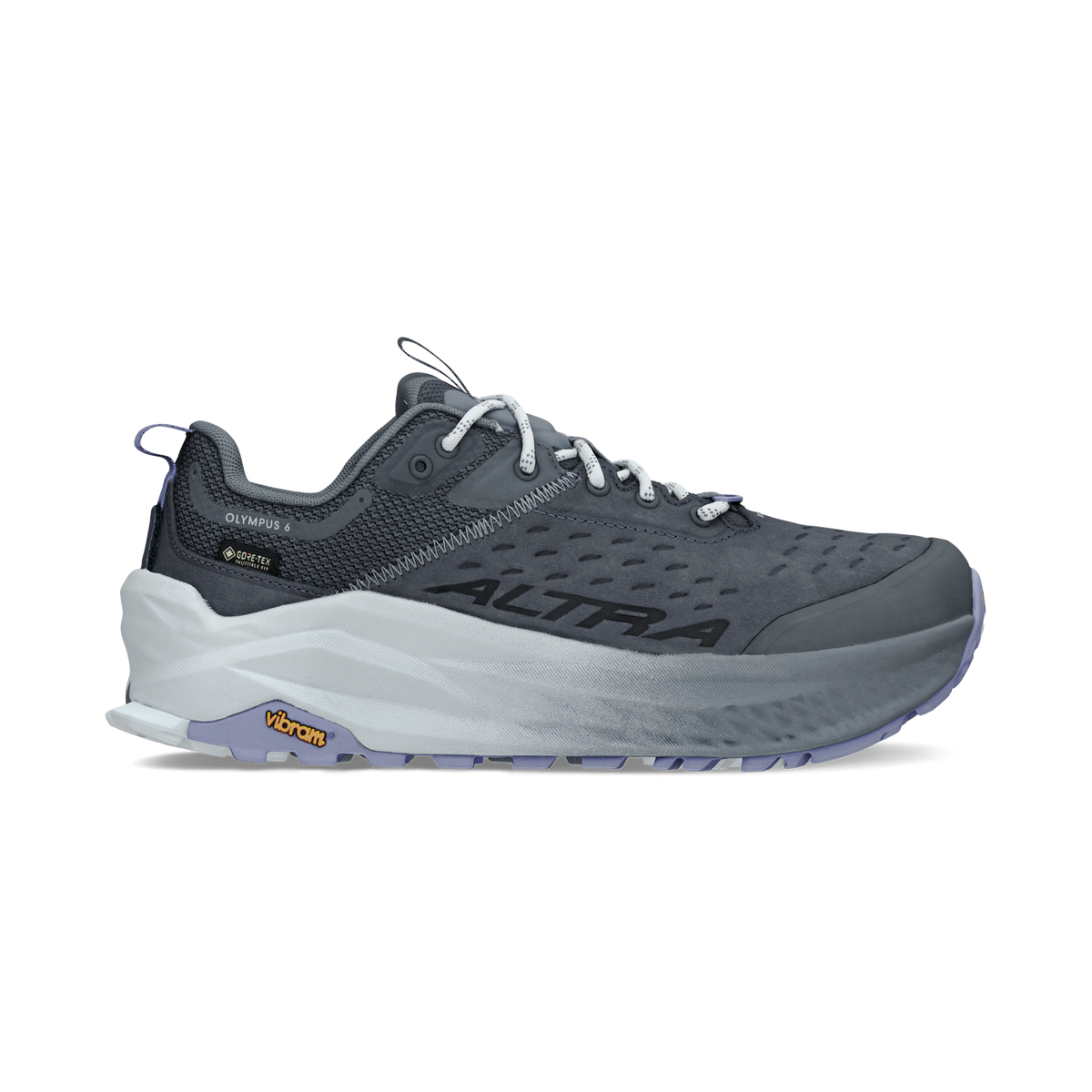 Side view on white background of Womens Altra Olympus 6 Hike Low GTX running shoe in Dark Blue, Medium (Regular) width